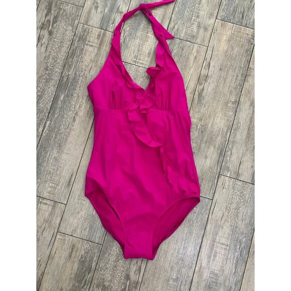 SPANX Women's Pink Assets Halter Glamour Ruffle One Piece Swimsuit Size Large - Picture 2 of 6